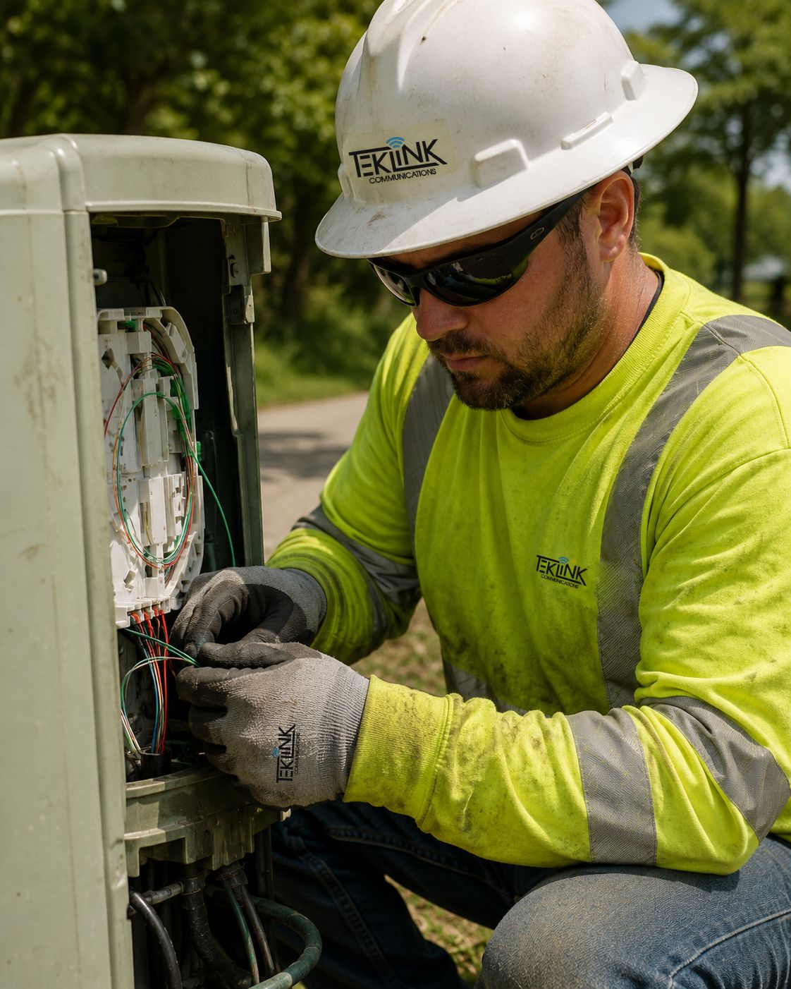 Single tech at work, mid-task and concentrating - splicing, or terminating a drop at a ped.