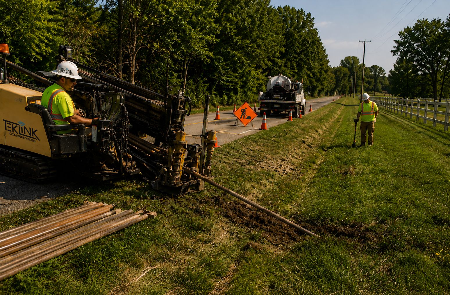 Directional drill rig set up in a right of way, operator at the controls, rods staged, locator tech downrange with the wand. Cones and signage out.
