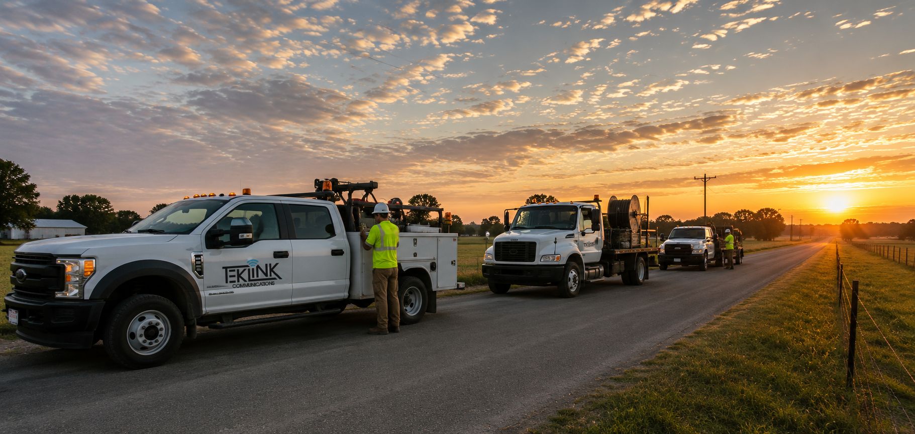 Two or three TekLink trucks staged on a rural or suburban Oklahoma road at first light, crews loading out. Wide horizon, big sky.
