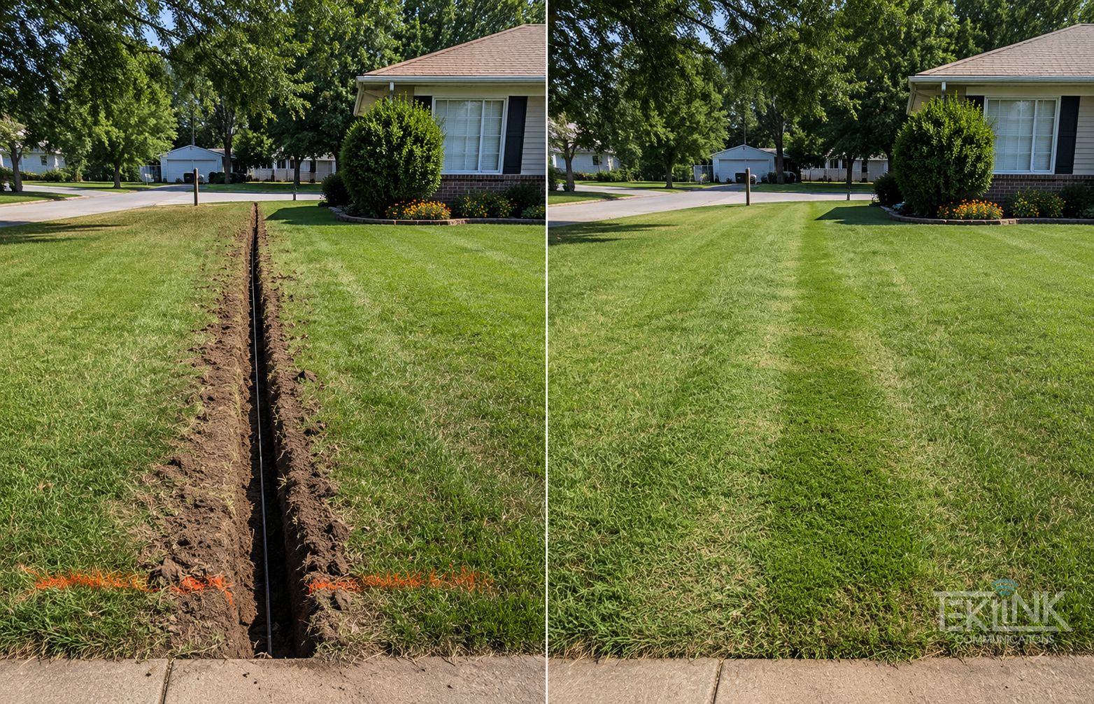 Before-and-after restoration pair: open slit trench across a lawn, then the same lawn backfilled, tamped and seeded.