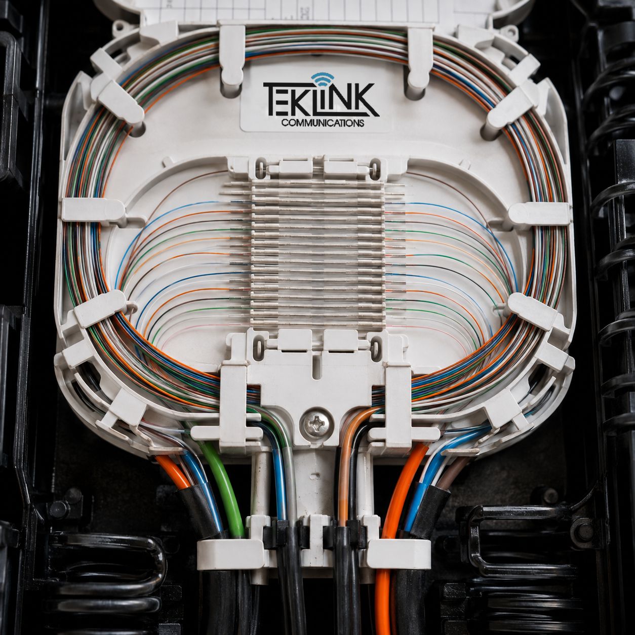 Splice tray detail, fibers dressed and seated.