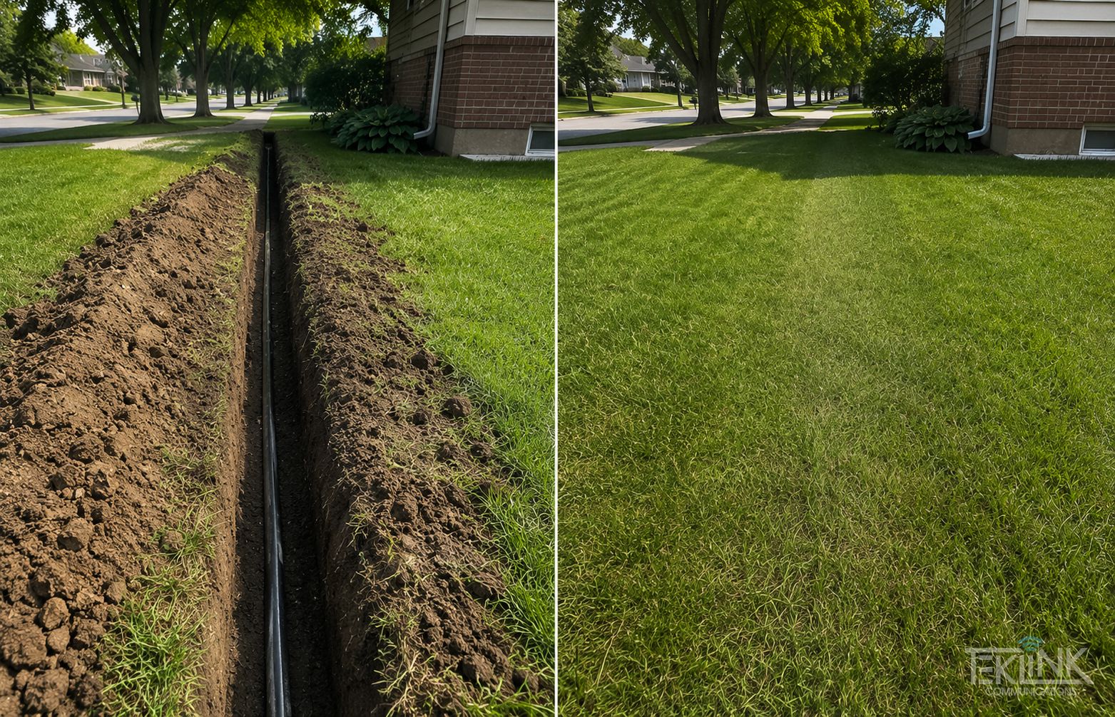 Before-and-after restoration pair from a residential drop: open slit across a lawn, then the same view healed and seeded.